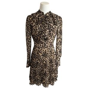 KAREN‎ MILLEN Leopard Print Ruffle Pleated Dress size 2 Long Sleeve Mini Fall